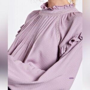 NWT size L Purple Pleated Long Sleeve Blouse with Bib Collar